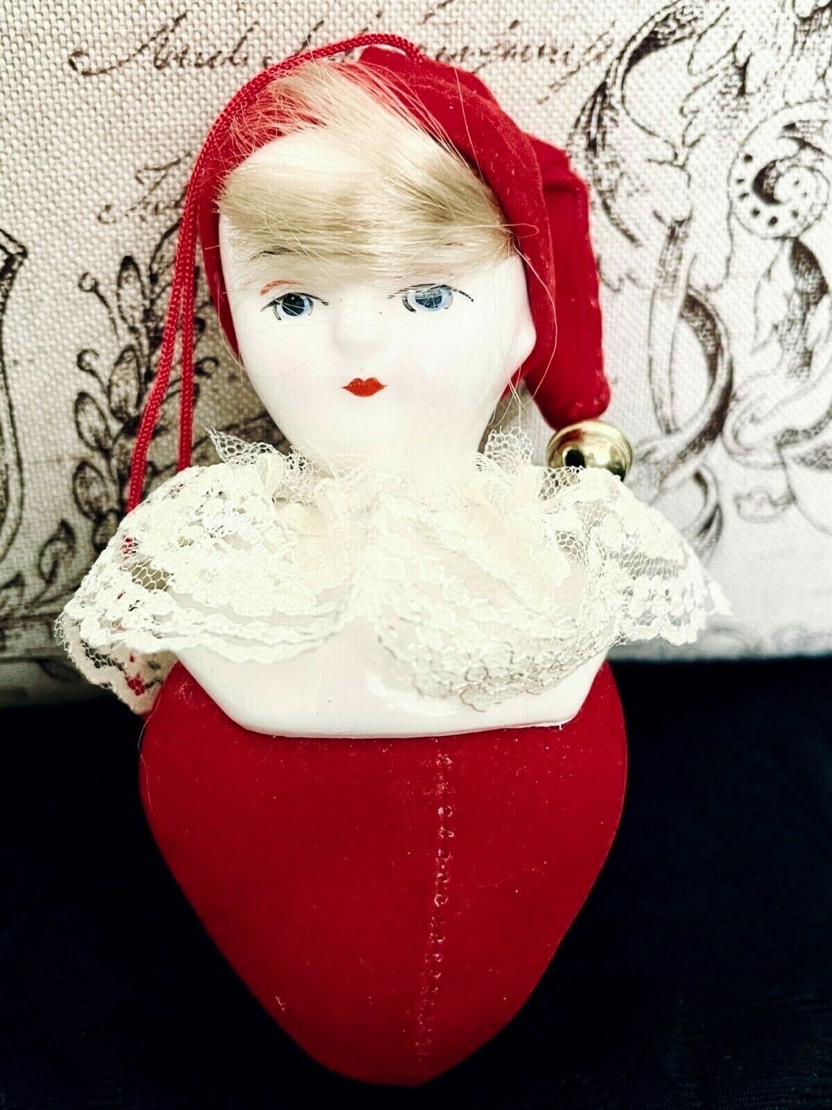 Vtg Christmas Ornament Porcelain Doll Head With Hair Pin Cushion Red Velvet