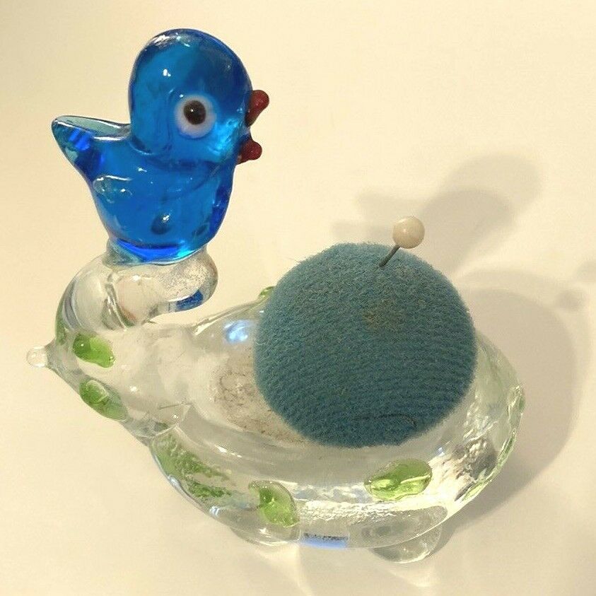 Vintage Hand Blown Glass Blue Bird Googly Eye And Whale Pin Cushion Pin