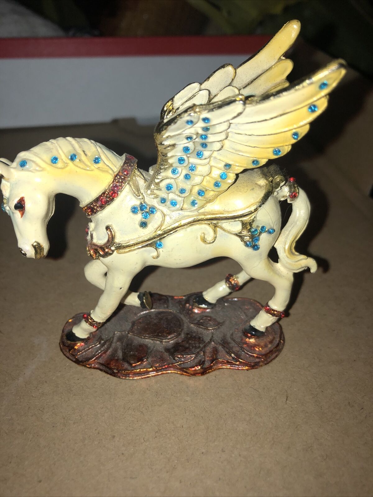 Jeweled Pegasus Horse Figurine Enameled Hinged Trinket Jewelry Box 3-1/8” H New