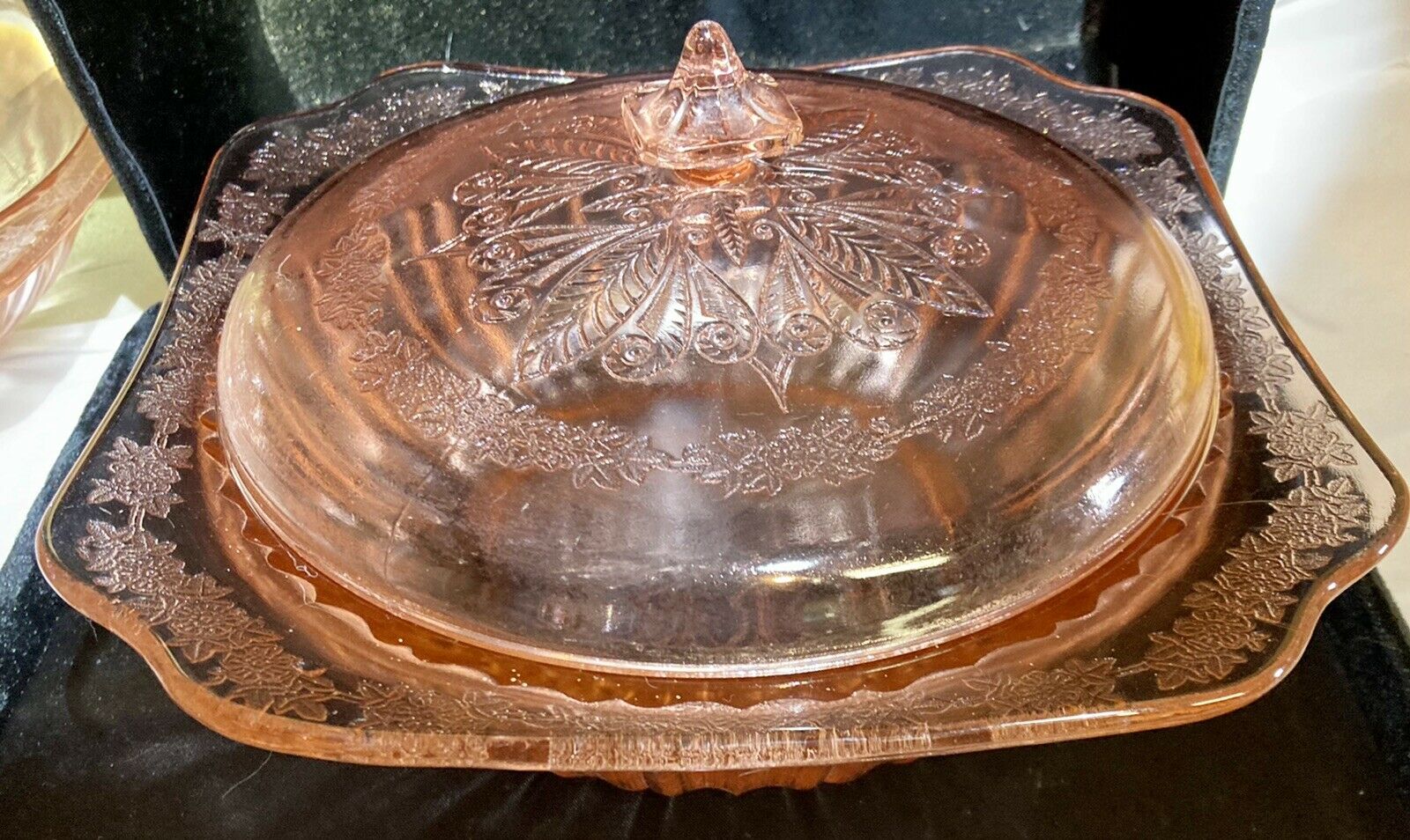 Antique Jeanette Depression Glass Pink Serving Bowl & Lid Adam Pattern Beau