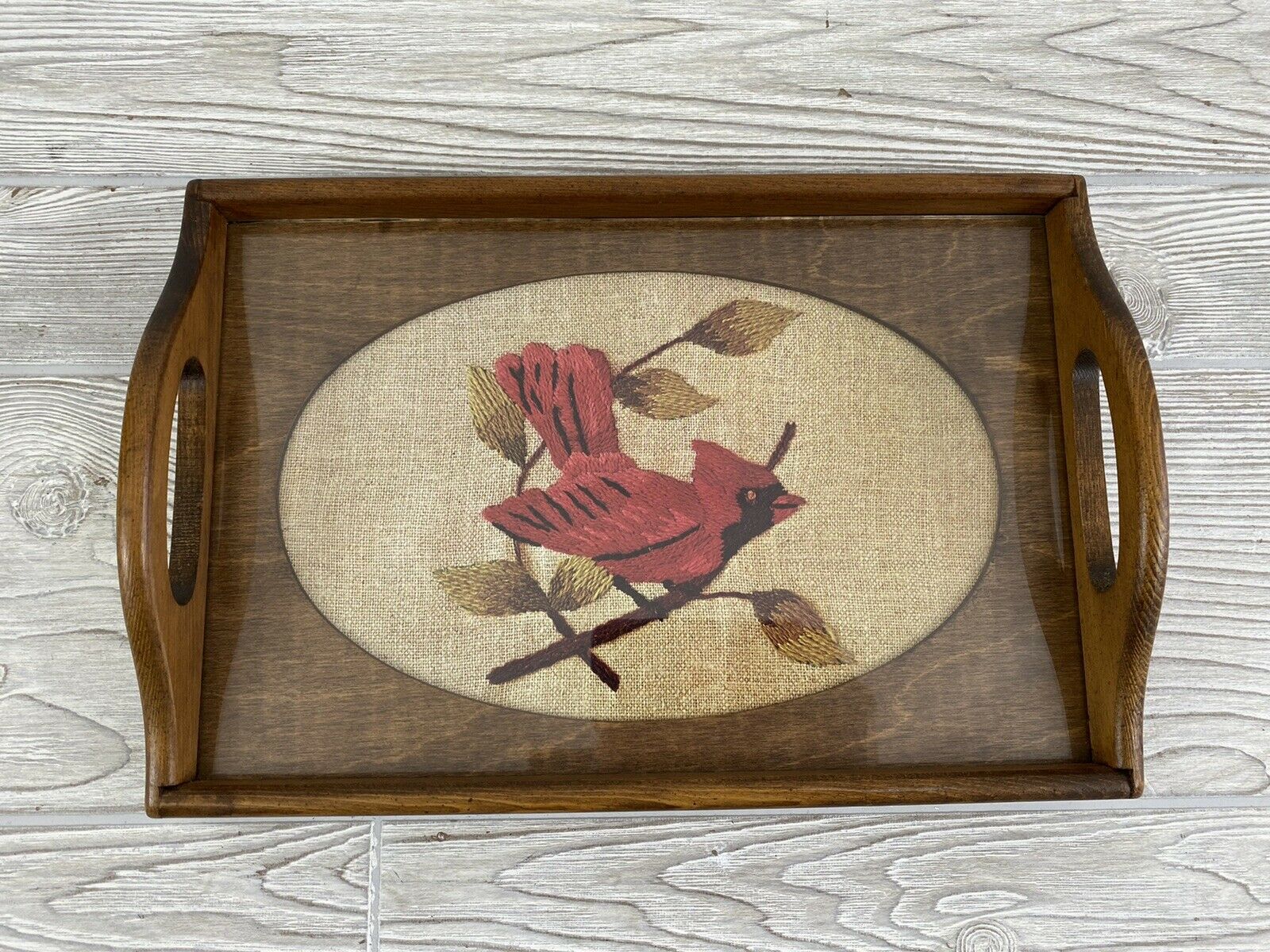 Vintage Wood Needlepoint Tray By Three Mountaineers Cardinal Display Image /r