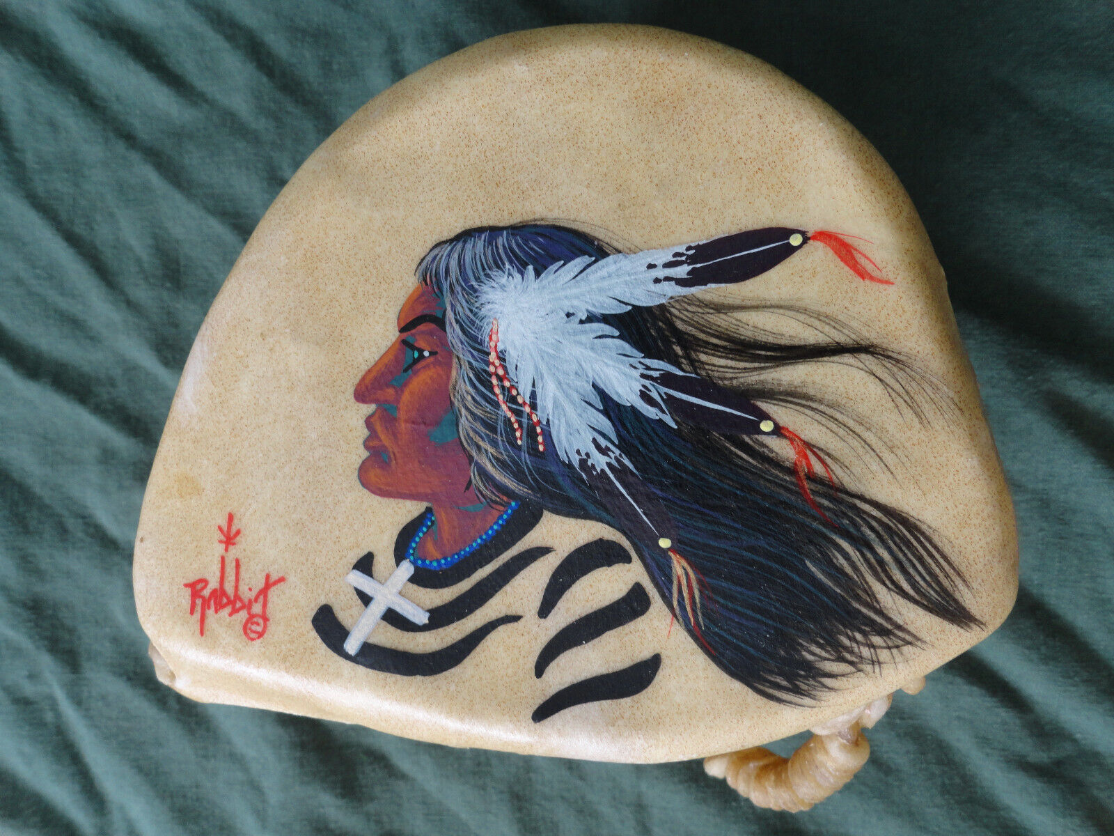 Rare Vintage Hand Painted & Signed Native American Wood & Rawhide Tom Tom Drum