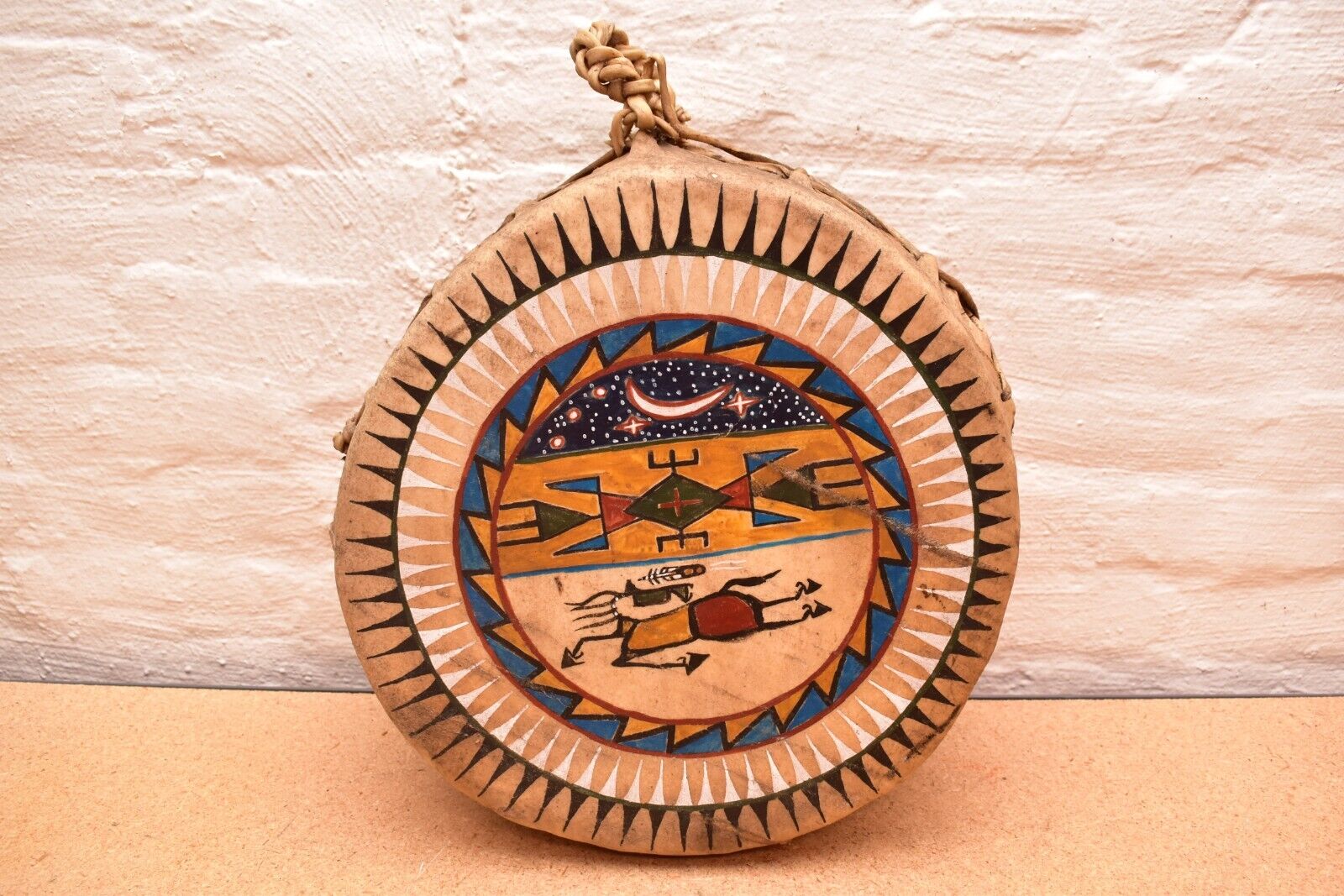 Vintage Native American Plains Indian Log Drum Rawhide W Painted Figures 14.75"