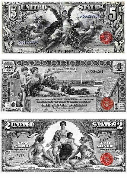 1896 Educational Series Reproduction Of 3 Famous Notes/ $1, $2  ,$5 Bills