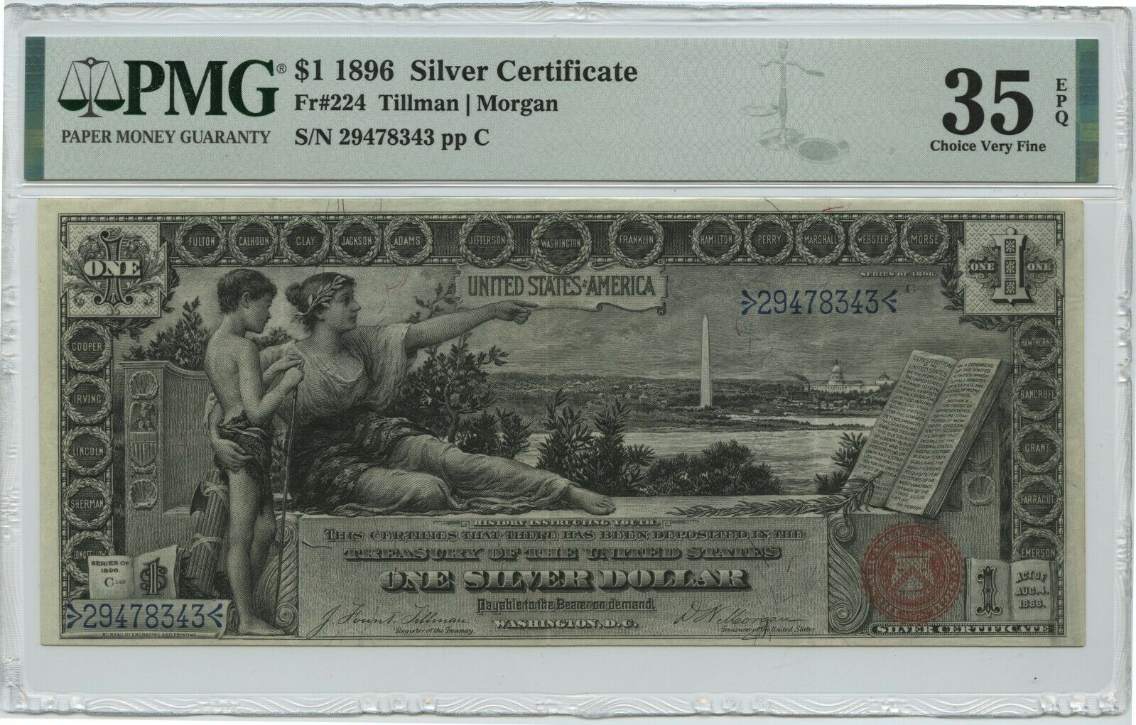 1896 $1 Silver Certificate Educational Note Pmg 35 Choice Very Fine Epq Super !!