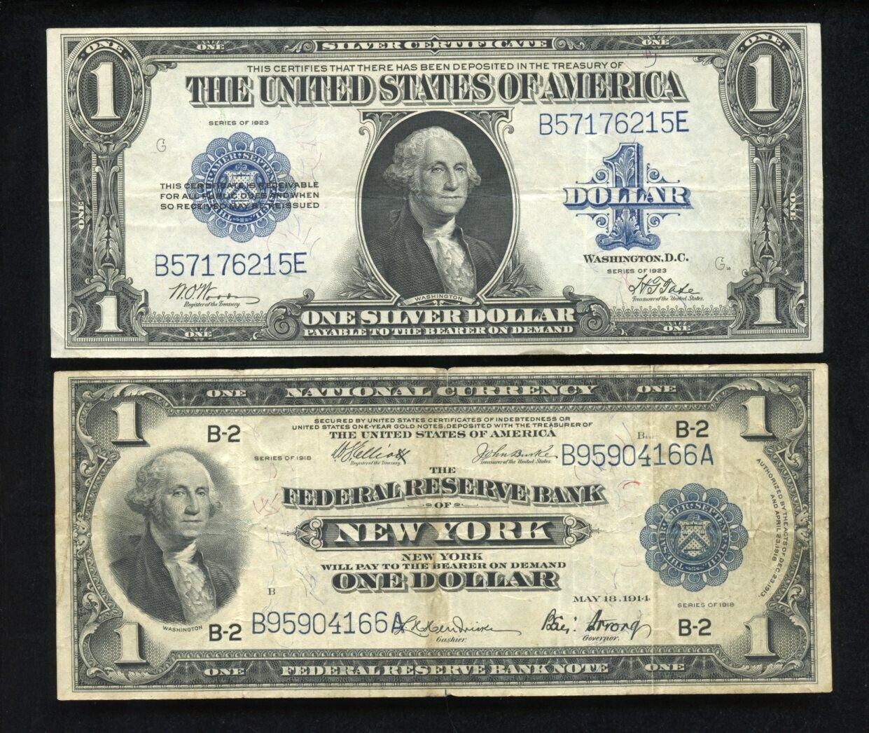 (2)u.s Vintage Currency $1 Lot-1914 National Currency Note & 1923 Silver Cert-ae