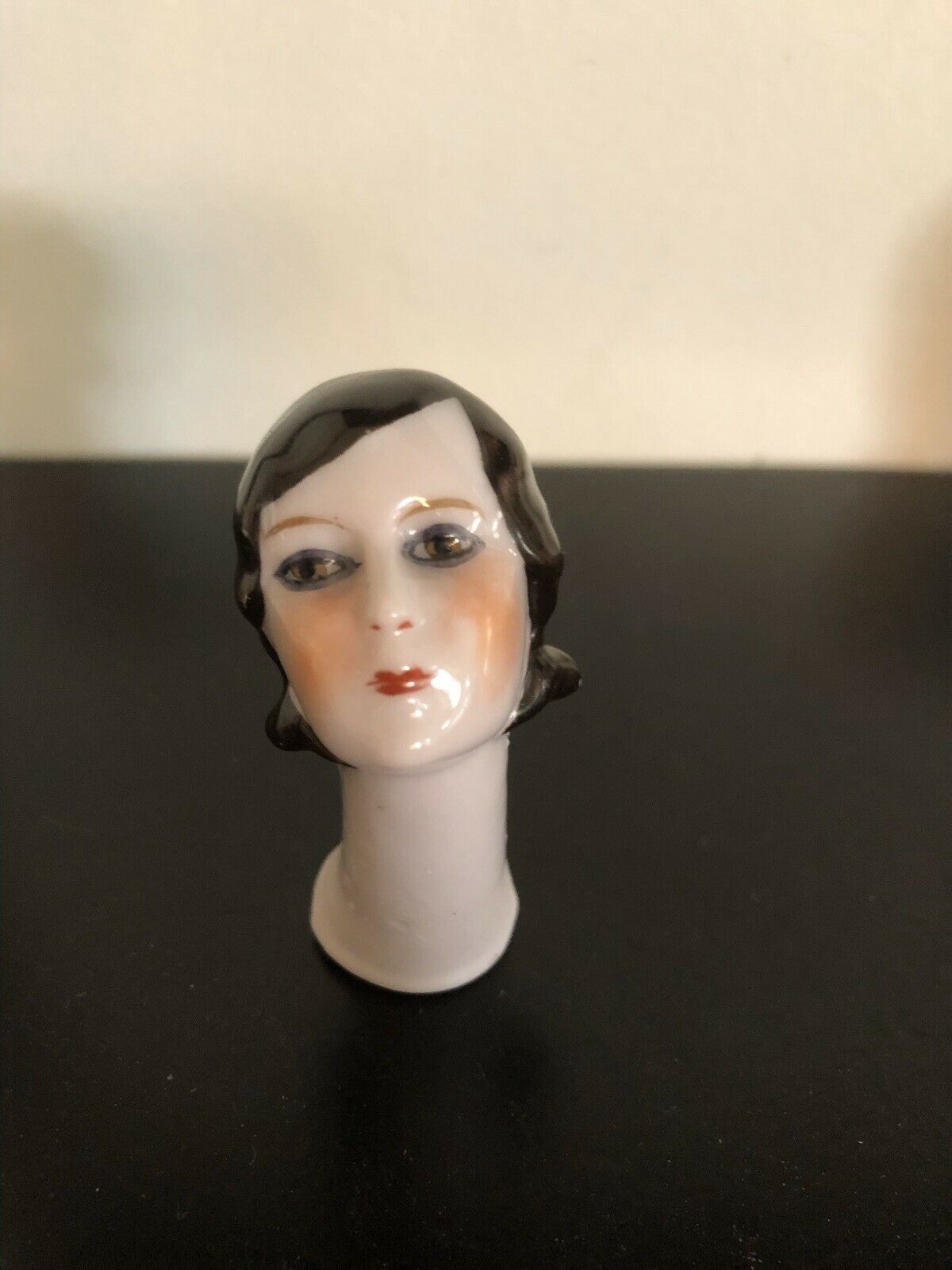 Half Doll 2 1/4”.  Black Haired “flapper” Miniature.